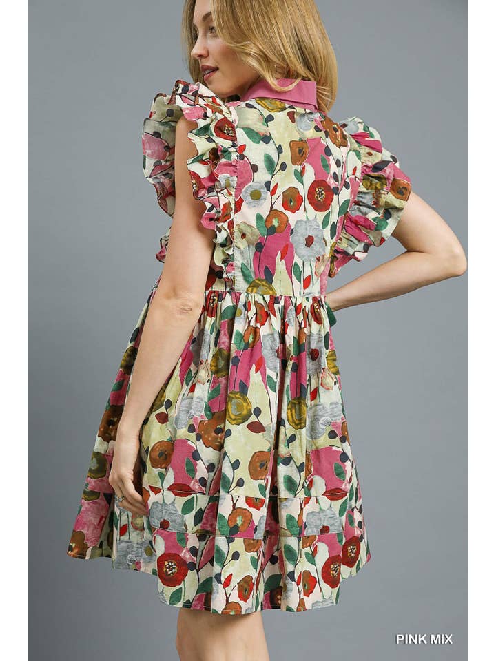 Vanilla Monkey - Wholesale Dress - Women's - Ruffle Sleeve Floral Button-front Mini Dress