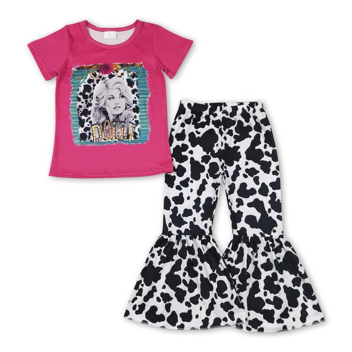 Hot pink top cow print pants singer girls clothing for wholesale by Yawoo Garments