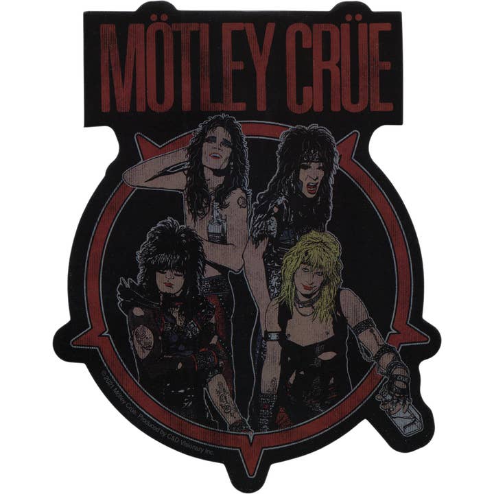 Adesivo - Motley Crue - Illustrazione del gruppo e del logo per la vendita all'ingrosso da parte di Square Deal Recordings & Supplies
