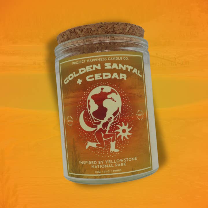 Golden Santal and Cedar Soy Candle- Yellowstone National Park 11oz for wholesale by Project Happiness Candle Co.