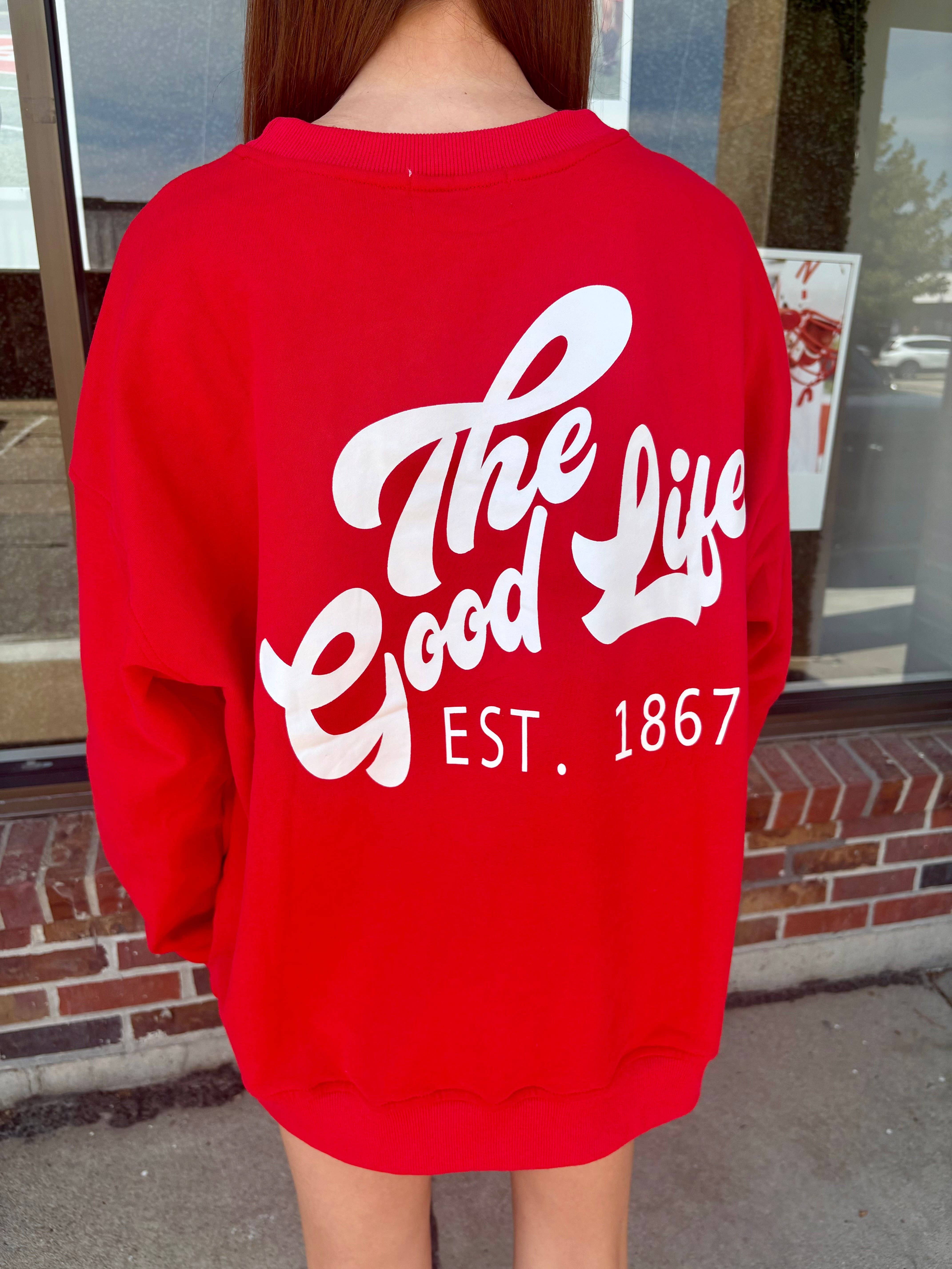 Red NE Good Life Core Sweatshirt for wholesale on Faire2