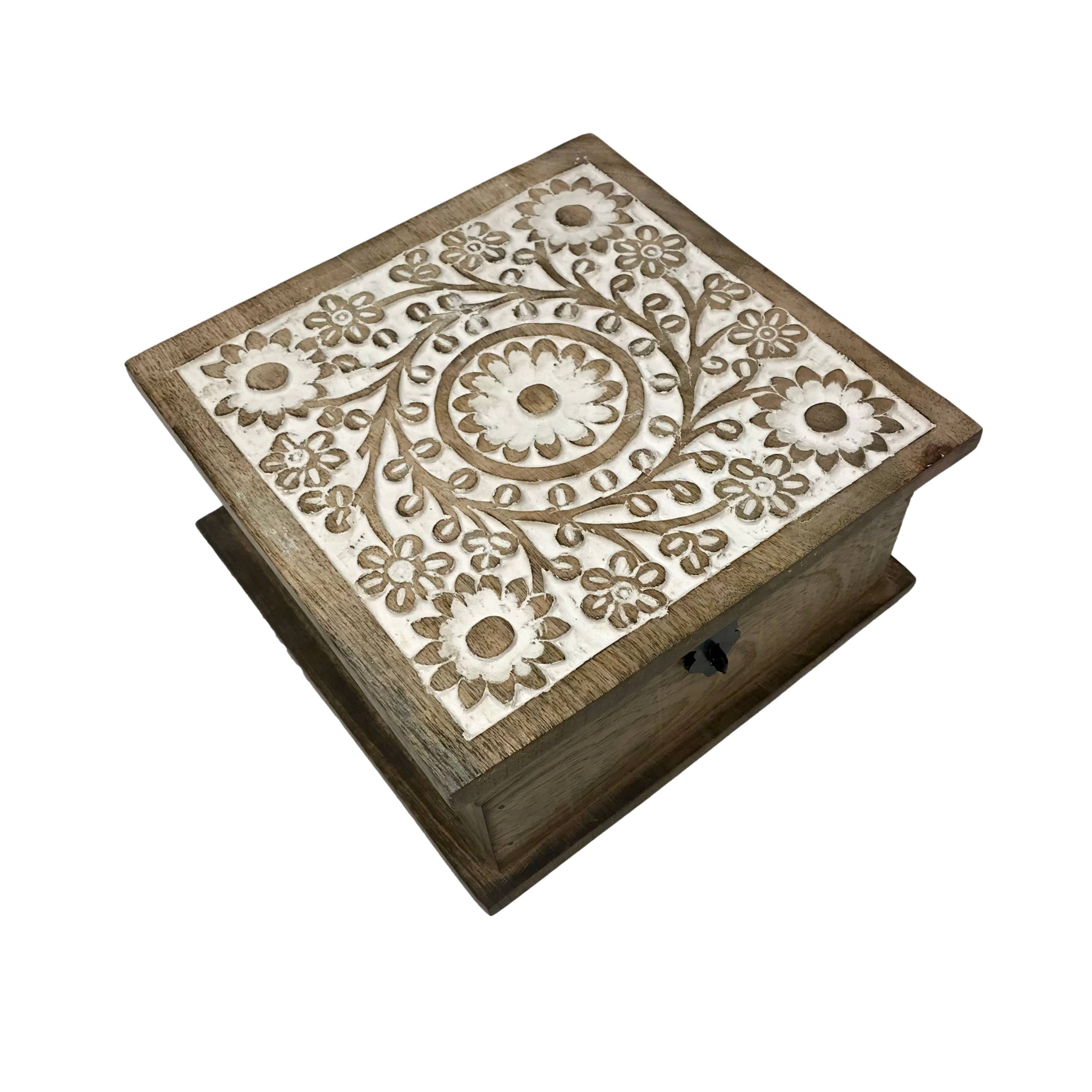 Wilco Home – Großhandel Dekoschachteln – Herbst geschnitzte Holz "Blumengarten" Scharnierbox3