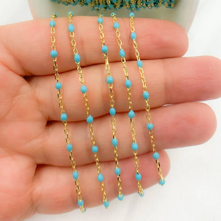Jewels & Chains - Wholesale Link & Chain Necklace - Gold Plated Enamel Turquoise Cable Chain. V203TURGP