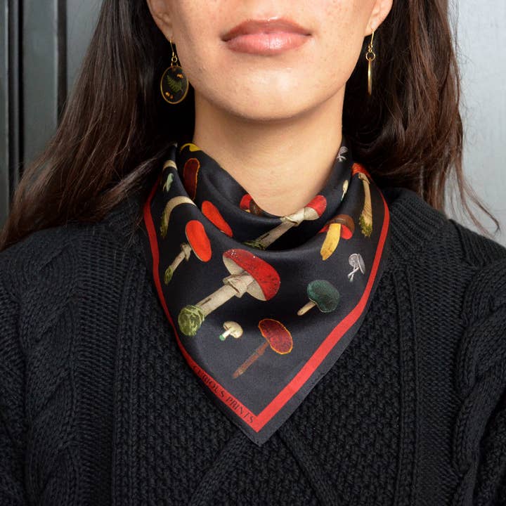 Curious Prints - Wholesale Scarf - Women's - 100% Silk Scarf Vintage Black Mushroom Bandana 17x17