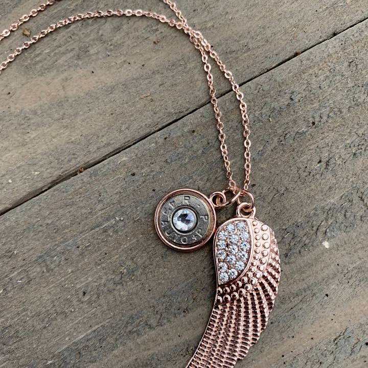 Jill's Jewels - Wholesale Pendant/Charm Necklace - Rose Gold Feather Rhinestone Bullet Necklace2