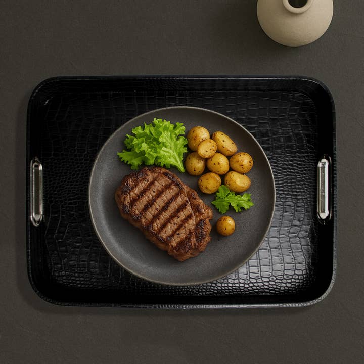 Rectangular tray black – croco & stainless steel handles edge for wholesale by Signature Home Collection GmbH