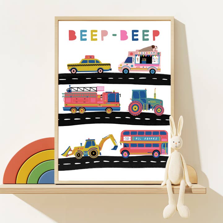 Stampa di veicoli colorati per bambini per la vendita all'ingrosso da parte di Bea Baranowska Illustration