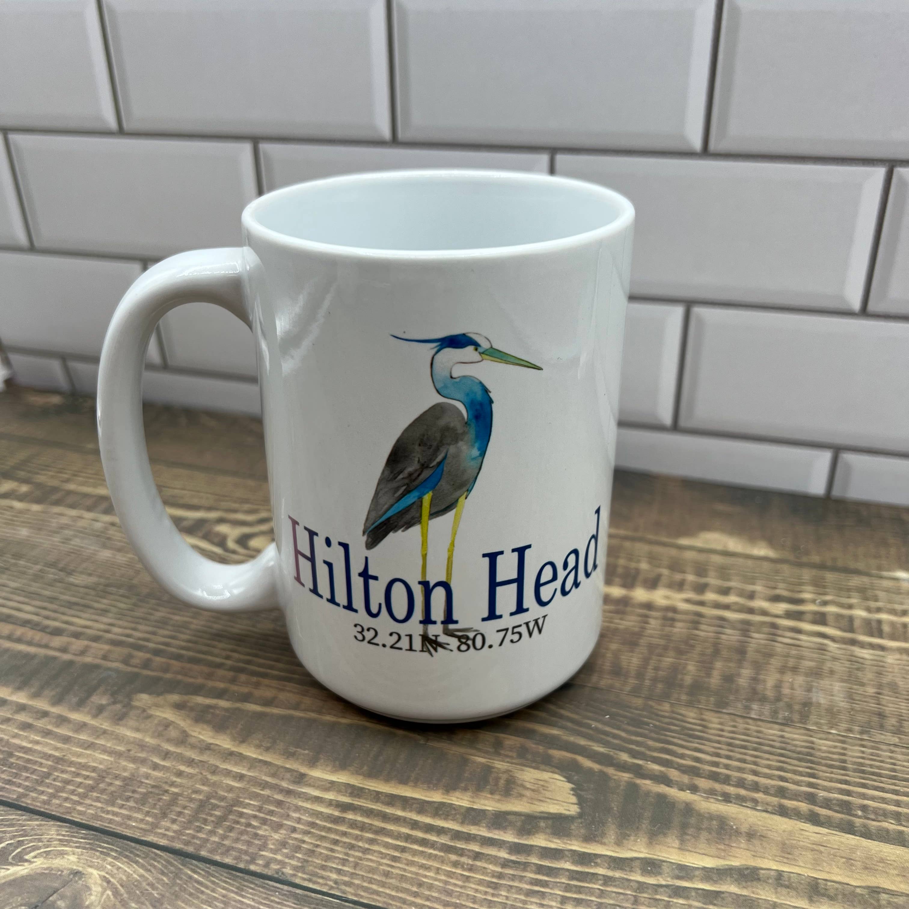 Blue Poppy Designs - Wholesale Coffee Mug - Blue Heron 15 oz Coffee Mug - Customize it with "your town"