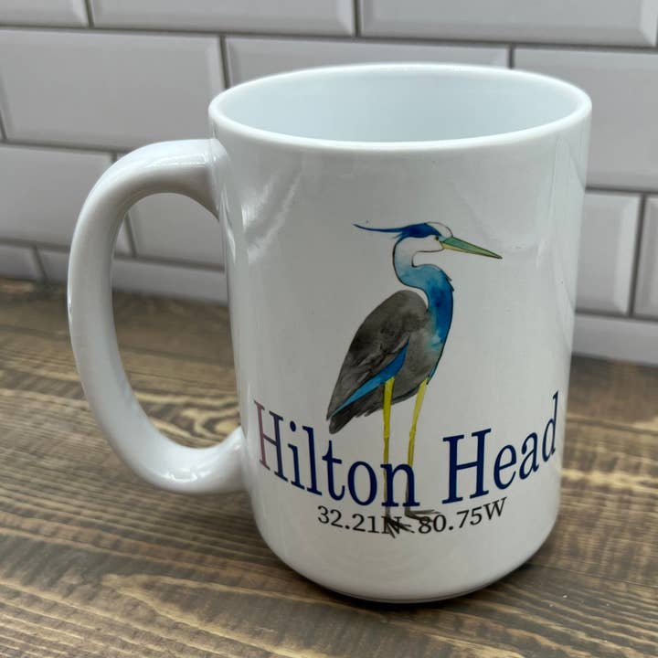 Blue Heron 15 oz Coffee Mug - Customize it with "your town" for wholesale by Blue Poppy Designs