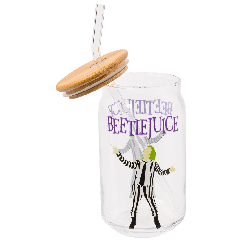Silver Buffalo - Vente Verre/tasse - Gobelet en verre BEETLEJUICE 3X NAME 16 oz avec couvercle en bambou et paille2