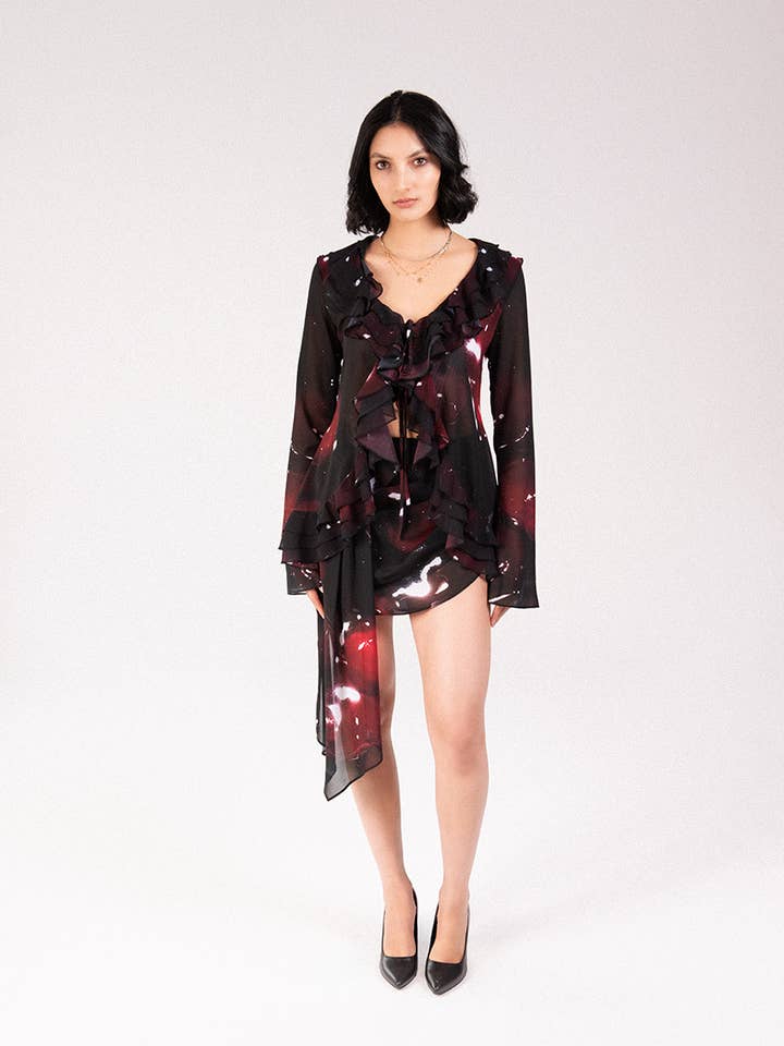 Multi Colored Francesca Front Tie Cherry Print Ruffled Top for wholesale on Faire1