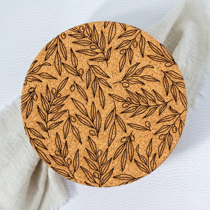 Damron Decor - Wholesale Coasters - Laser Engraved Olive Branch Leaves Cork Trivet Home Decor3