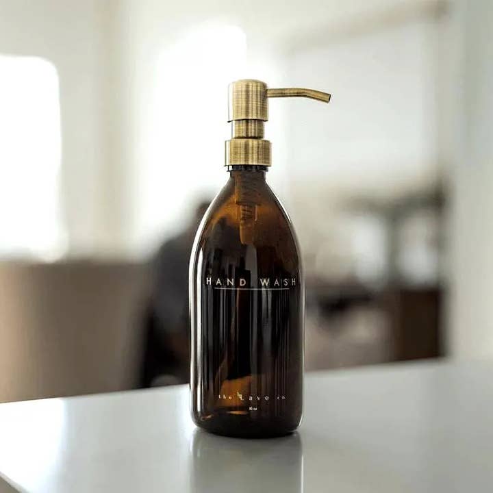 the Lave co - Wholesale Soap Dispenser - 16 oz Amber Glass "Hand Wash" Dispenser w/ Gold Pump4