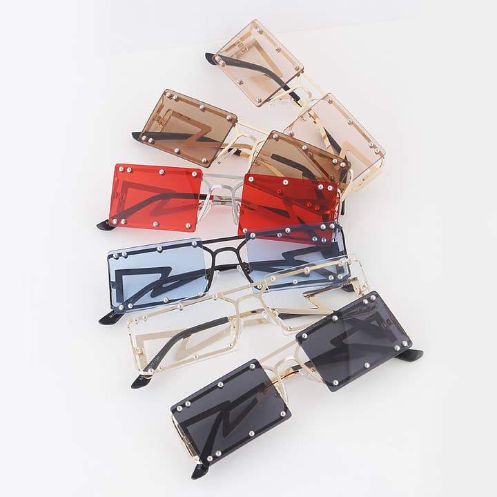 Studded Rimless Rectangular Sunglasses for wholesale by 3AM BY H&D ACCESSORIES