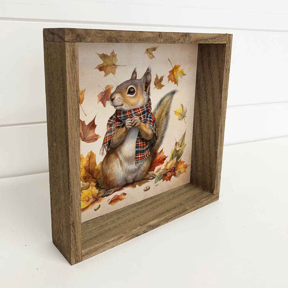 Hangout Home - Wholesale Art Print - Fall Flannel Squirrel with Scarf - Fall Squirrel Canvas Art1