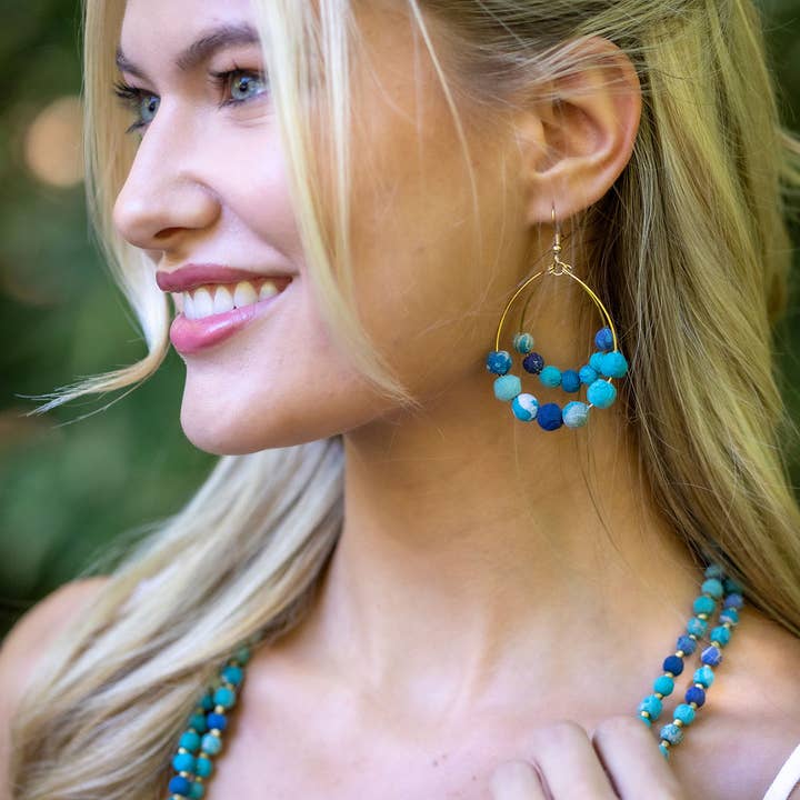 Anju Jewelry - Wholesale Dangle Earrings - Aasha Aqua Teardrop Kantha Boho & Handcrafted Earrings