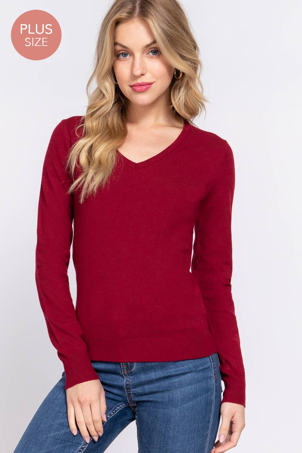 Active Basic | Active USA - Wholesale Knit Sweater - Women's - [PLUS SIZE] Long Sleeve V-neck Basic Sweater0