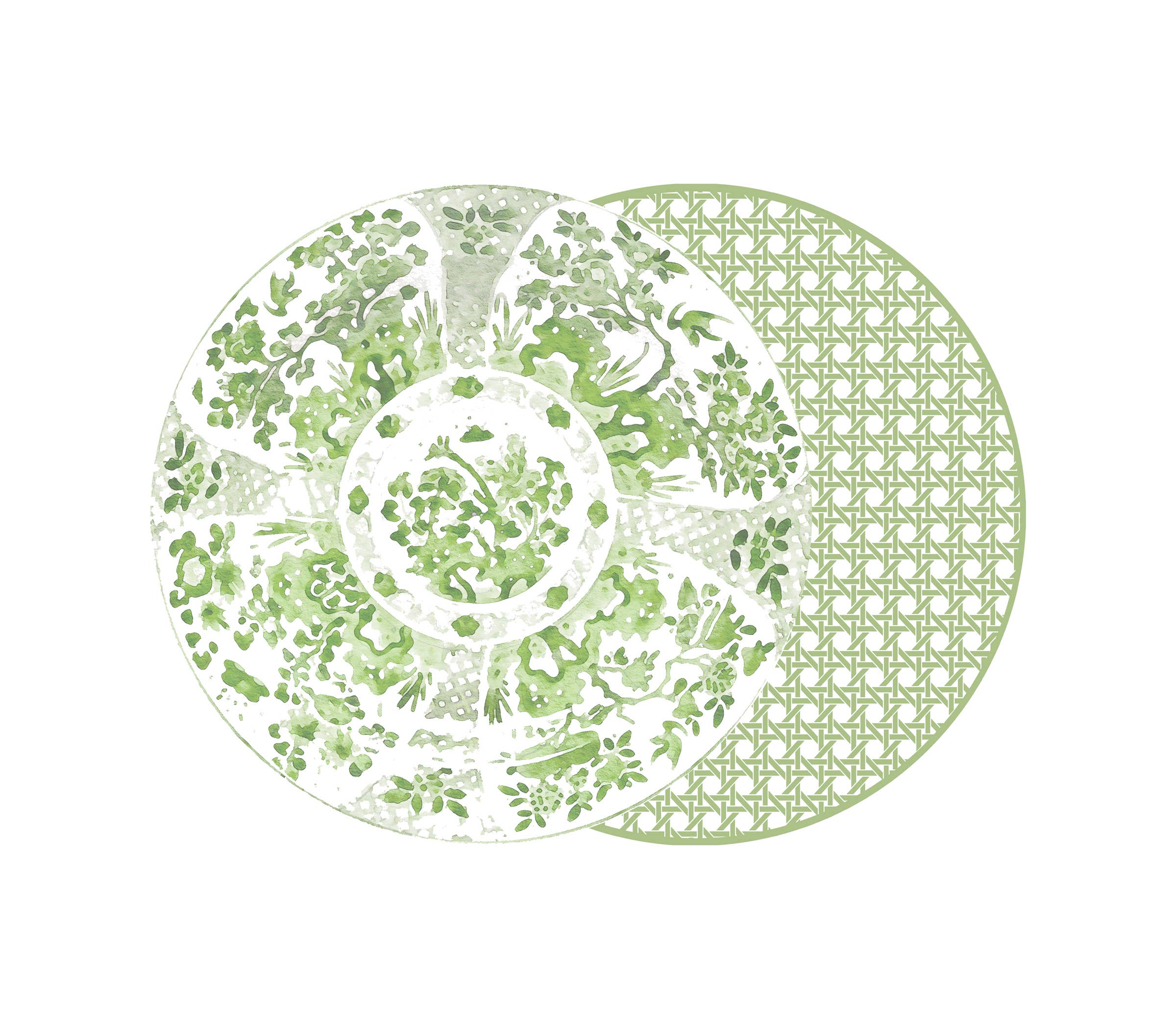 Holly Stuart Home - Wholesale Placemat - ROUND TWO SIDED CANTON PLACEMAT GREEN WITH CANE0