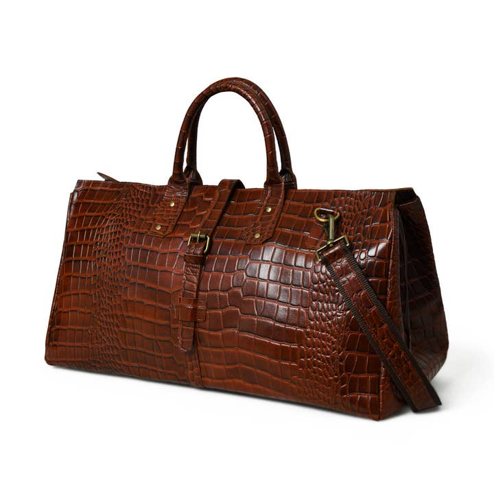 LuxeHide Brown Croco Pattern Duffle for wholesale by Classy Leather Bags