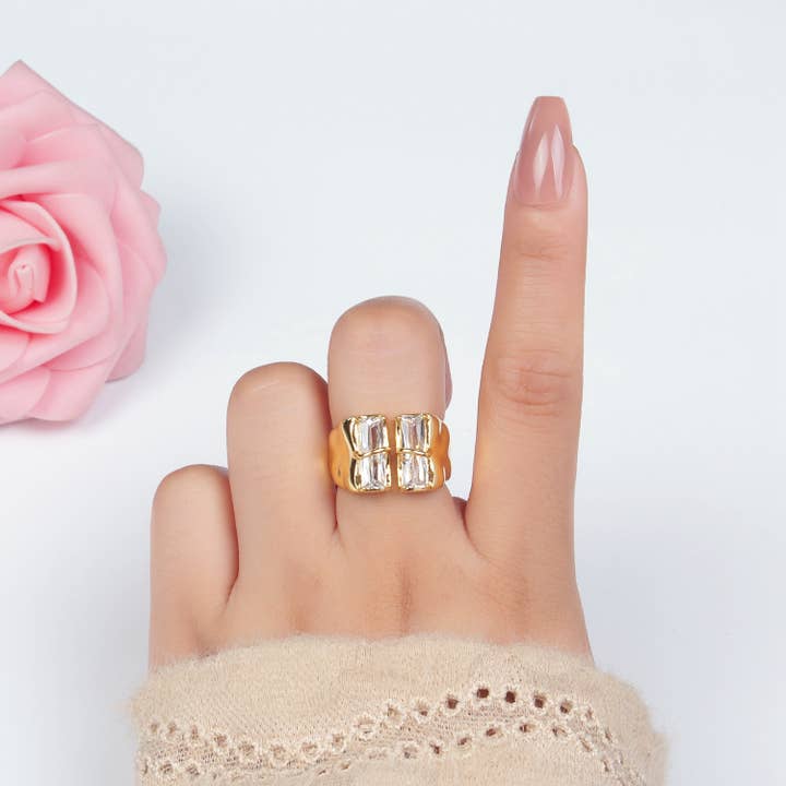 Aim Eternal - Wholesale Band/Stacked Ring - 24K Gold Filled Double Baguette CZ Signet Wrap Ring | U330