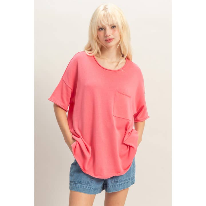 Oversized Short Sleeve Round Neck Pocket Knit Top for wholesale by Double Zero