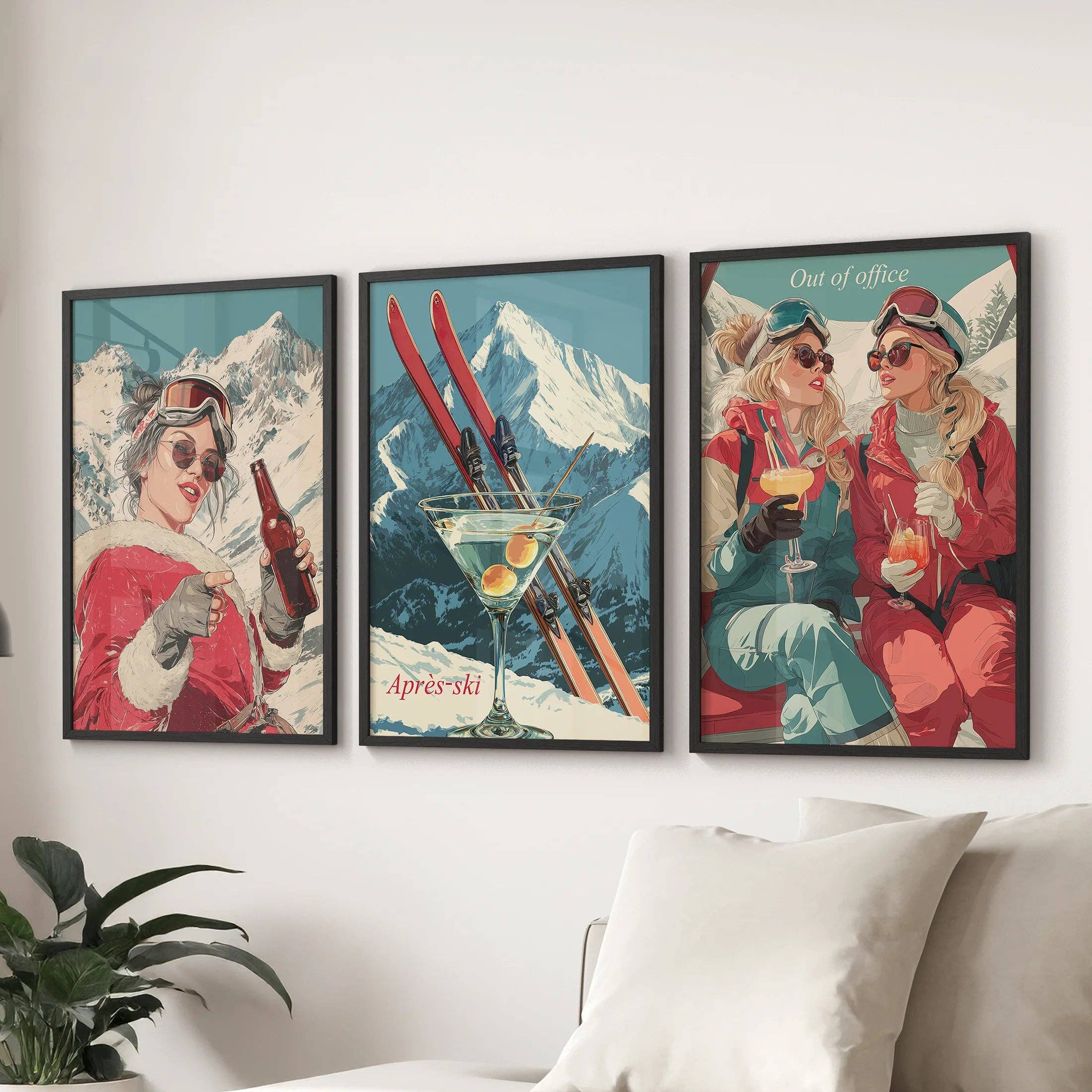 PrintSets.com - Venta al por mayor Conjunto de galería de pared - Escena de Après Ski de Invierno Arte de Pared. Conjunto de 3 Impresiones Alpinas Retro.8