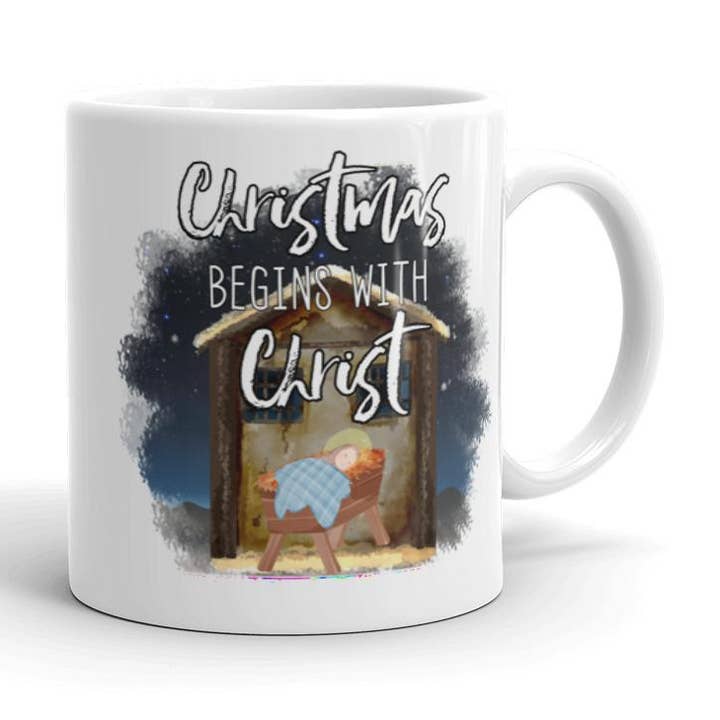 Christmas begins with Christ Nativity Coffee Mug for wholesale by Words of Ivy