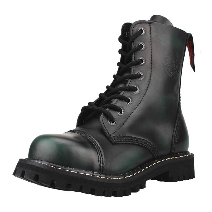 Bottes en cuir vert foncé à 8 œillets avec coque en acier pour la vente par Angry Itch - Premium Boots