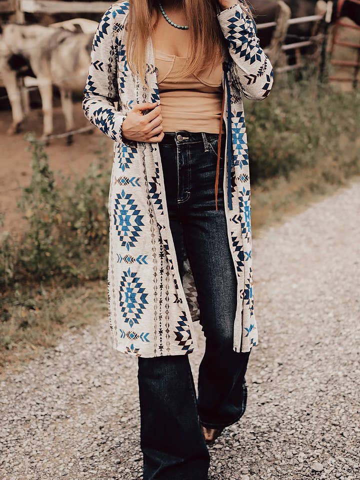 Sky Blue Western Aztec Printed Open Front Long Cardigan for wholesale by Lillie + Co