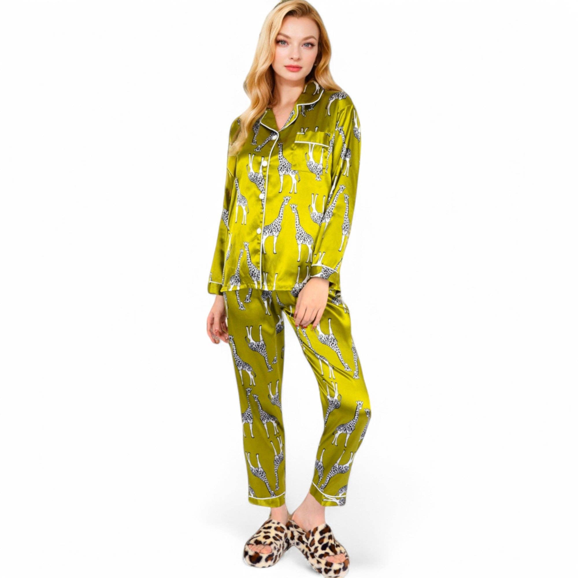 Yellow Satin Pajama Set with Giraffe Print and Button-Down Top for wholesale on Faire1