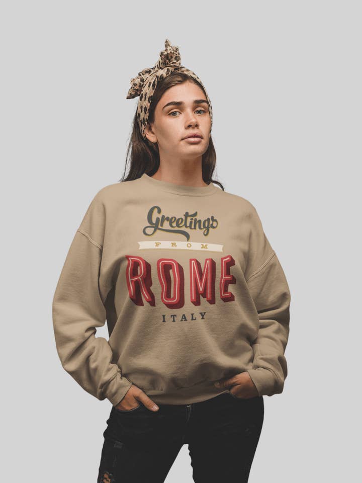 “Greetings from Rome” Terry Oversized Retro Logo Crew Neck Sweatshirt for wholesale by CarryMeSoftly