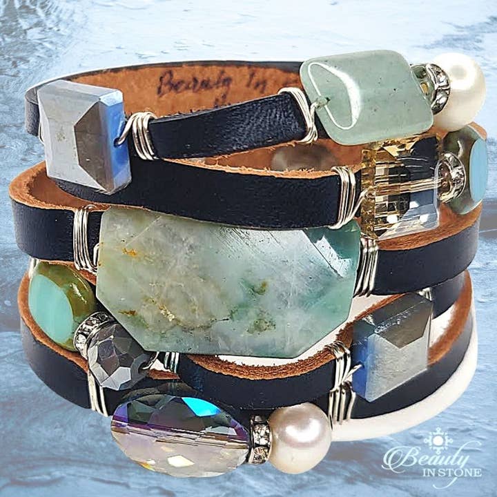 Leather Cuff Bracelet With Gemstones for wholesale by Beauty In Stone Jewelry