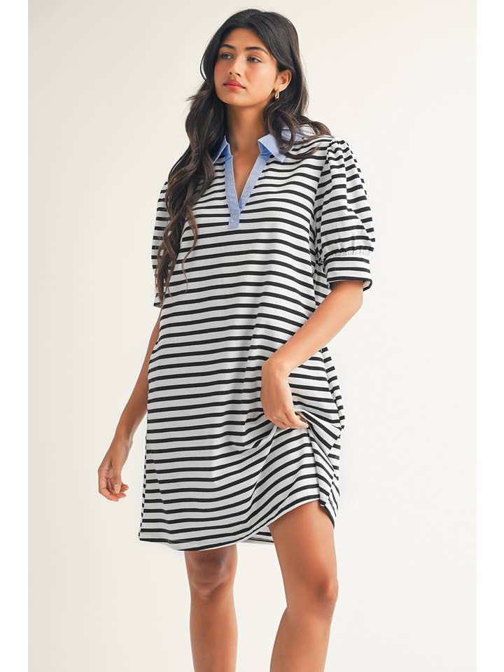 Black LDC Stripe Contrast V Neck Collared T Shirt Mini Dress for wholesale on Faire