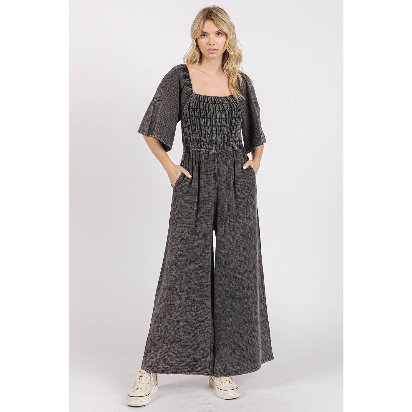 mittoshop - Wholesale Jumpsuit - Women's - MINERAL WASH GAUZE RUCHED WIDE LEG JUMPSUIT6