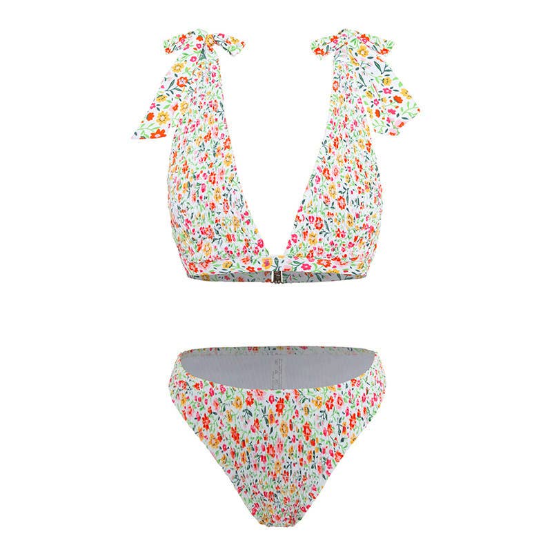 Plunge floral shoulder tie low rise thong bikini set for wholesale on Faire5