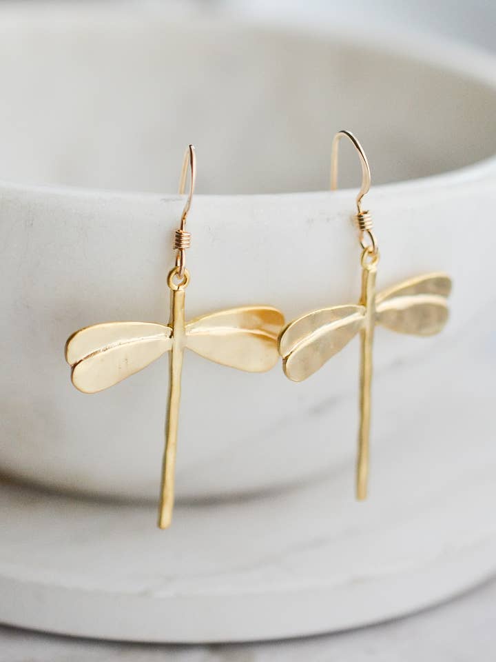 Matte Gold Hammered Dragonfly Earring for wholesale by Sosie Designs