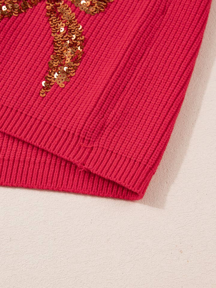 Fiery Red FB Christmas Sequin Bow Drop Shoulder Sweater for wholesale on Faire3