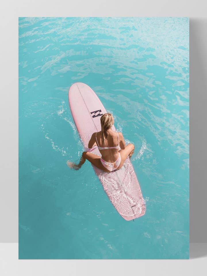 Surfer Girl Poster. Woman Surfboard Aerial Ocean Art Print for wholesale by PRINT AND PROPER
