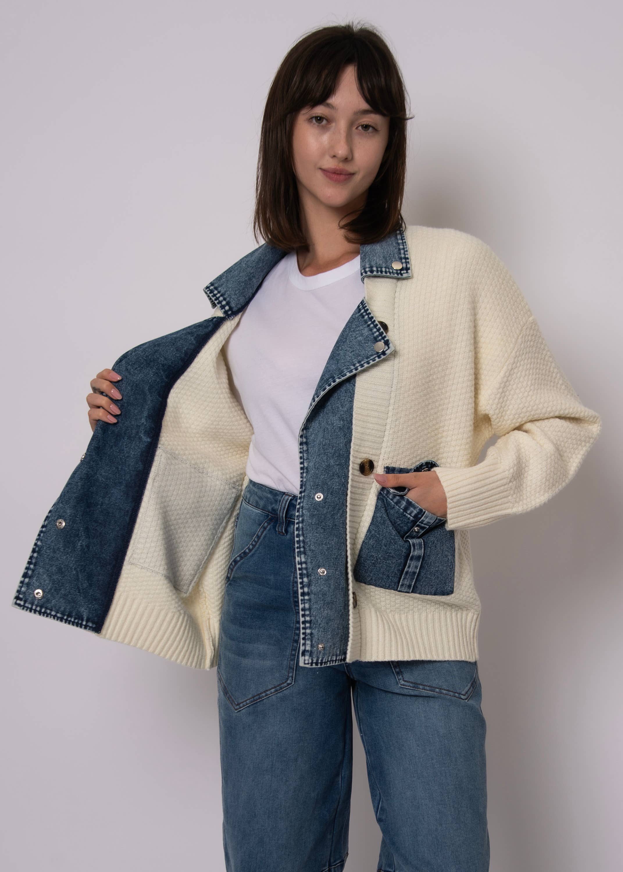 CBC IVORY MONET LONG SLEEVE SHAWL NECK DENIM COMBO CARDIGAN- 57S260S for wholesale on Faire1