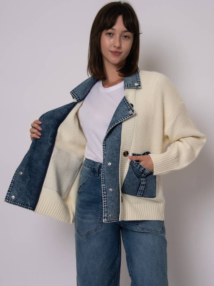 CBC IVORY MONET LONG SLEEVE SHAWL NECK DENIM COMBO CARDIGAN- 57S260S for wholesale on Faire1