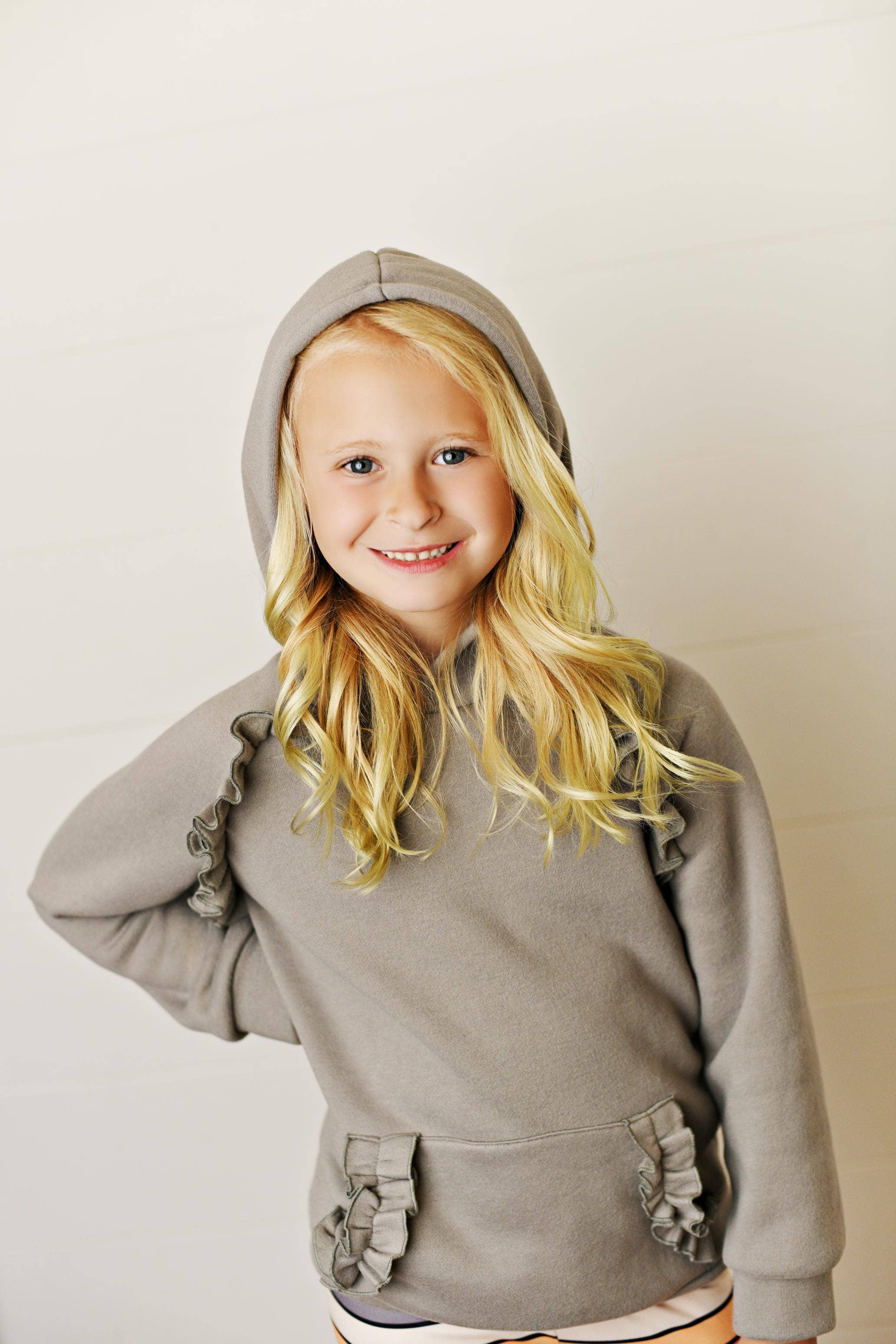 Adorable Sweetness - Wholesale Top & Leggings Set - Kids - Kids Gray Ruffle Hoodie and Rainbow Stripe Leggings Fall Set5