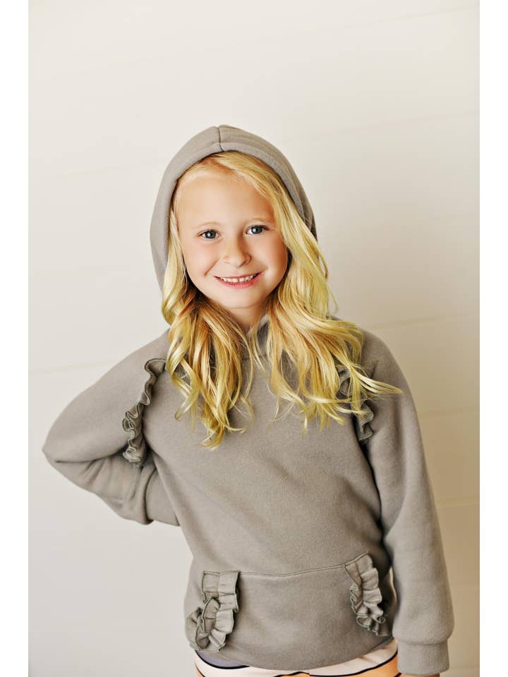 Adorable Sweetness - Wholesale Top & Leggings Set - Kids - Kids Gray Ruffle Hoodie and Rainbow Stripe Leggings Fall Set5
