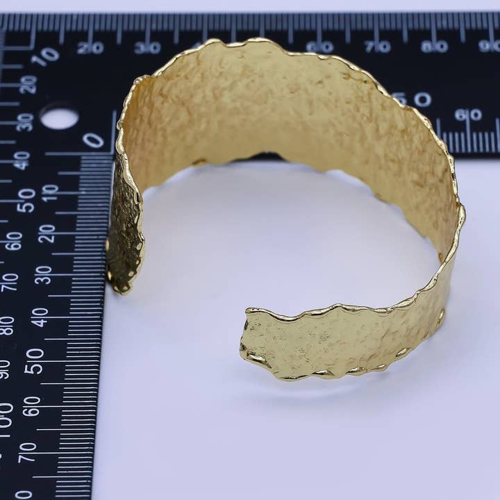 Aim Eternal - Wholesale Cuff Bracelet - 24K Gold Filled Wide Hammered Molten Geometric Cuff Bracelet | WA-32352