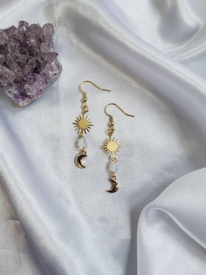 Crystal moon dangle earrings, Opalite Jewellery for wholesale by Lauragordonart