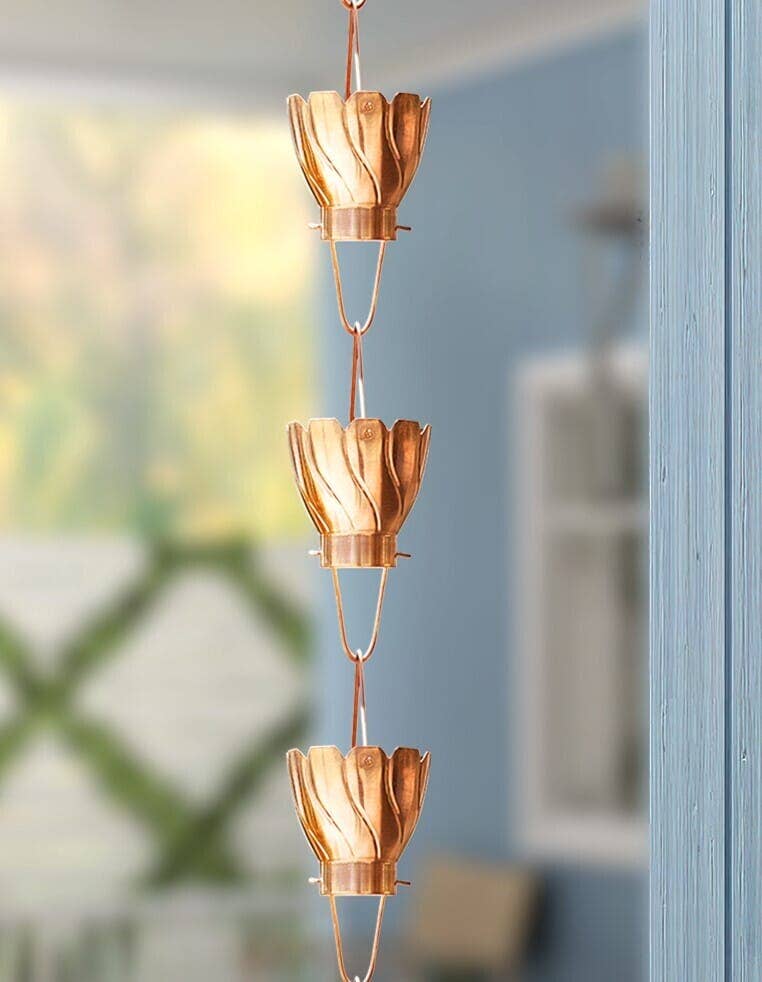 Pure Copper Akira Cup Style Rain Chain Replacement Downspout for Gutters for wholesale on Faire3