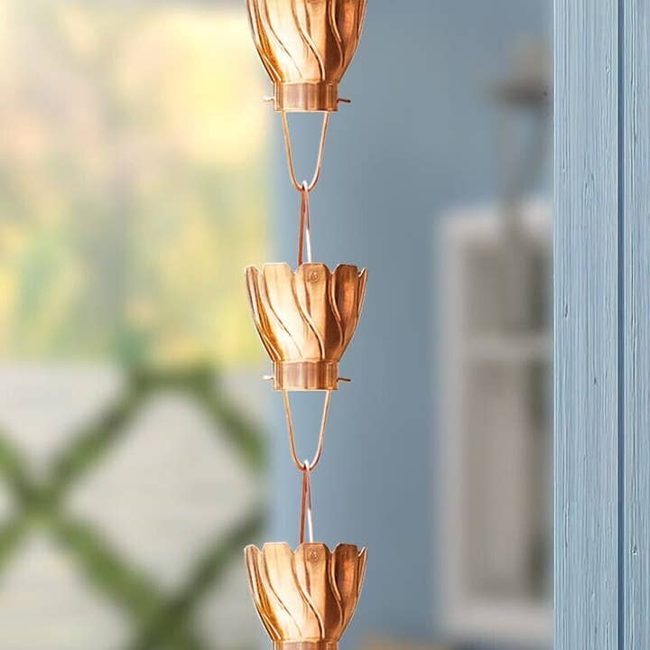 Pure Copper Akira Cup Style Rain Chain Replacement Downspout for Gutters for wholesale on Faire3