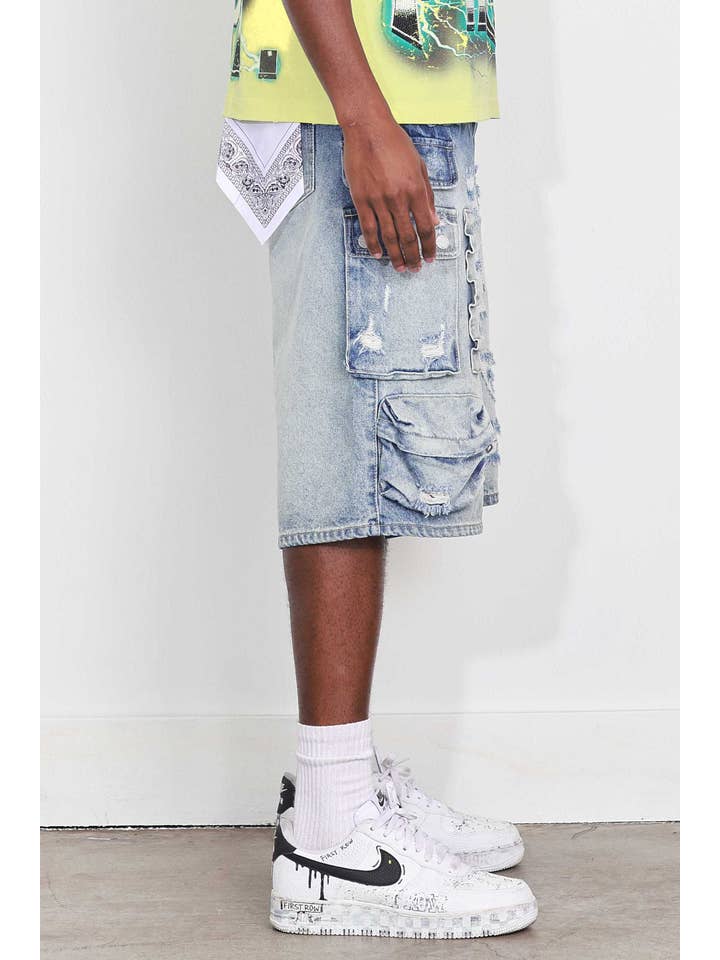 MEDIUM BLUE WASHED MULTI CARGO DENIM JORTS for wholesale on Faire