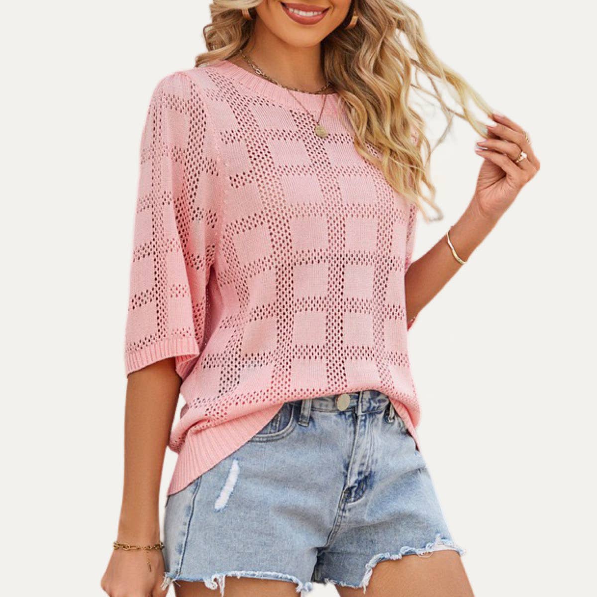 The Moment Collection - Wholesale Gebreide top - Dames - Mooie gebreide Pointelle top met geruite patroon en korte mouwen1