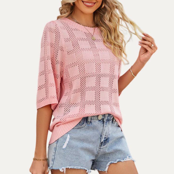 The Moment Collection - Wholesale Gebreide top - Dames - Mooie gebreide Pointelle top met geruite patroon en korte mouwen1