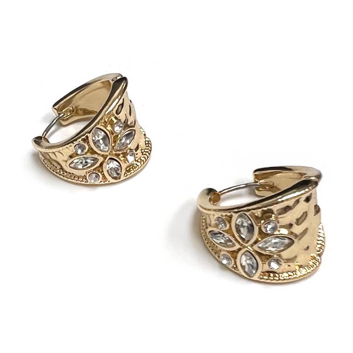 Hammered Texture Brass with Stone Pincatch Hoop Earrings for wholesale by StarryNYC